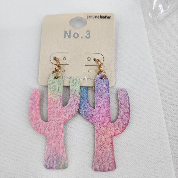 NO 3 Rainbow Pastel Embossed Leather Cactus Dangle Statement Earrings NWT - Picture 4 of 5